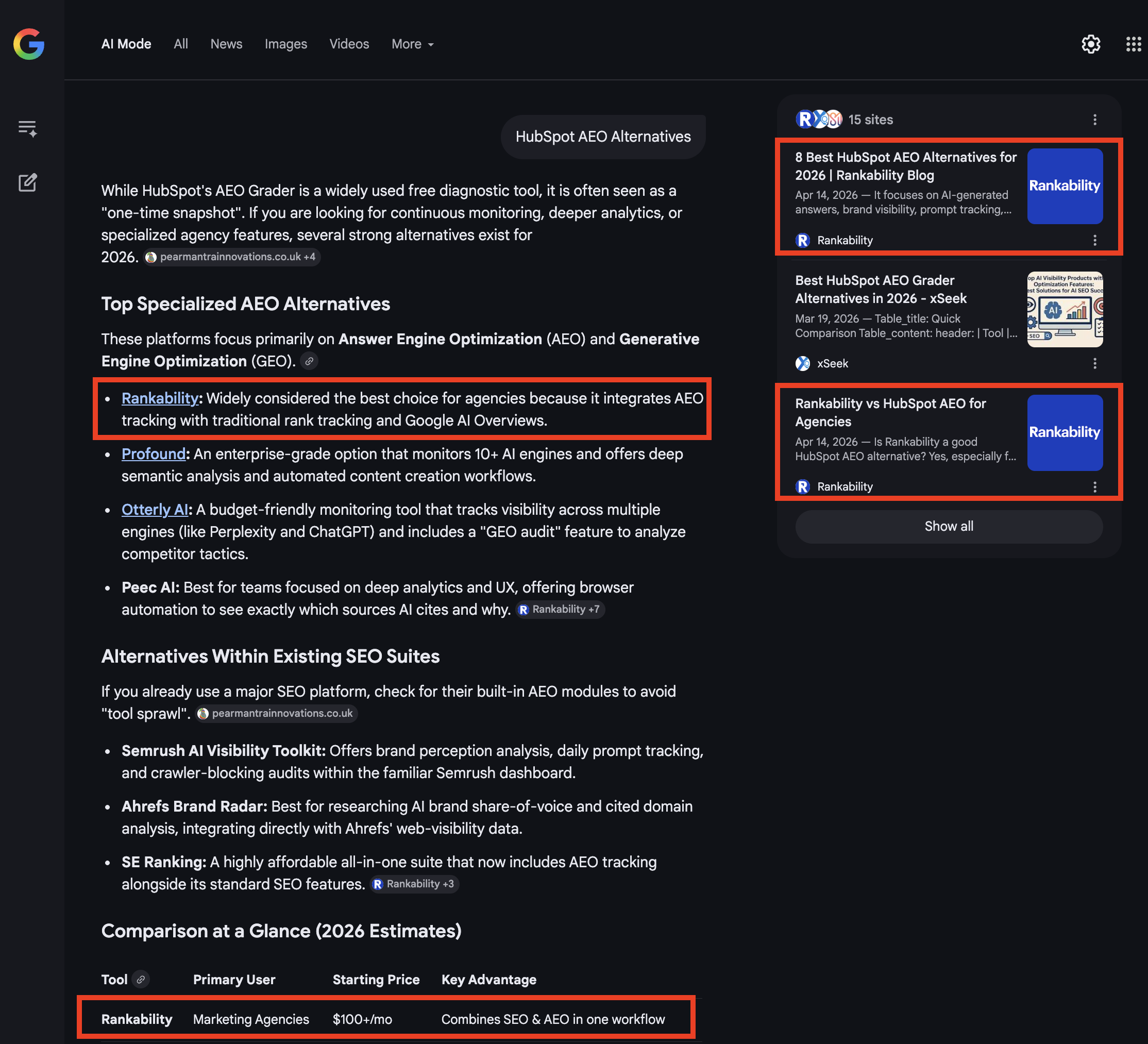 Google AI Mode showing Rankability as the top cited recommendation for HubSpot AEO Alternatives